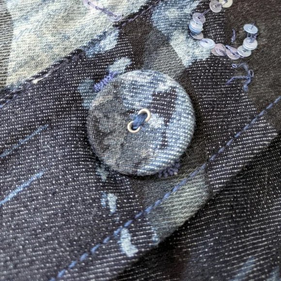 Chico's Collarless Beaded & Embroidered Denim Jacket, Blue / White, Large - Picture 8 of 14